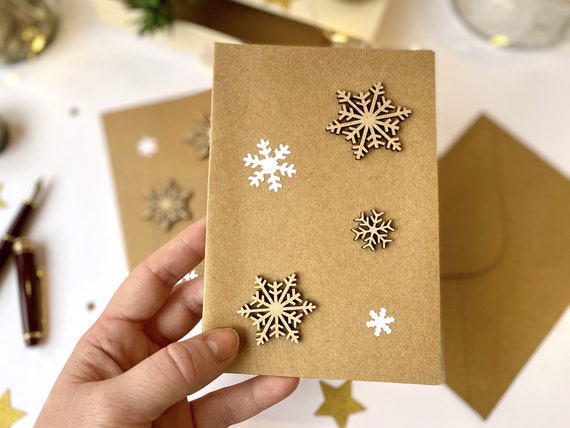 Greeting Cards - Festive Stationery - Wooden Snowflakes - White Paper Snowflake Cutouts