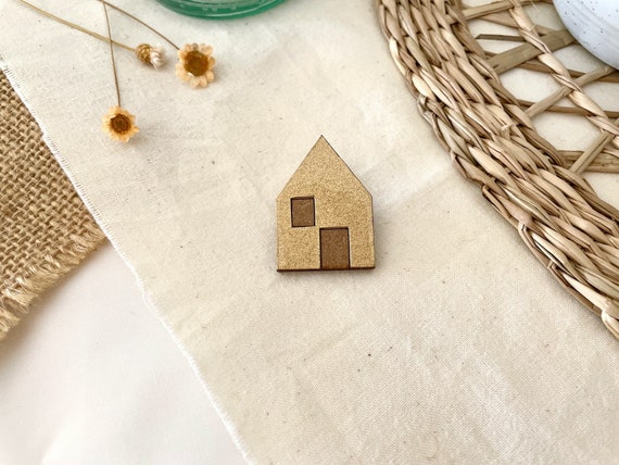 Tiny House brooch, laser cut wood and origami paper