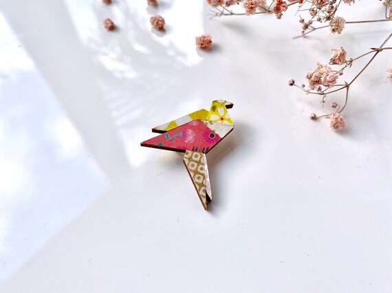 Crane bird brooch - Laser cut wood and origami paper - Yellow and gold variations