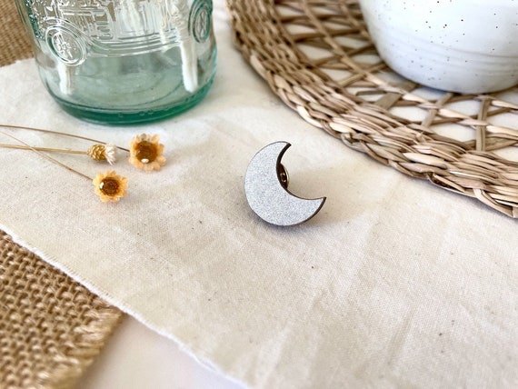 Handmade crescent moon pin, wood and origami papers