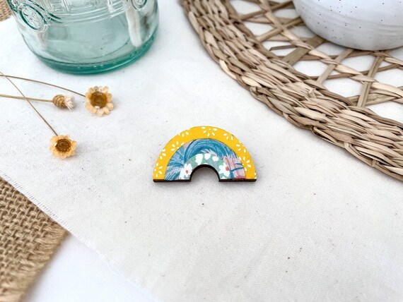 Colorful Rainbow brooch, laser cut wood and origami papers