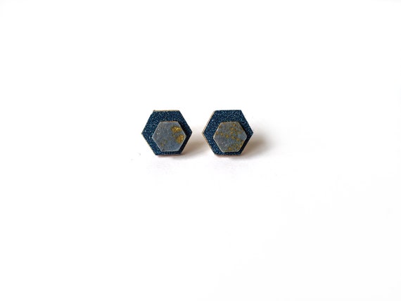 Cute hexagon earrings - Laser cut wood and colorful origami paper - Blue glitter