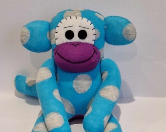 Bright Blue Sock Monkey with Spots theme.  Stuffed Animal, Sock toy, gift. Handmade by Sockadoo. Can Be Personalised.