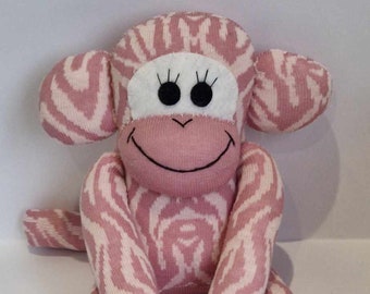 Pink Animal Print Sock Monkey. Stuffed Animal, Sock toy, gift. Handmade by Sockadoo. Can Be Personalised.