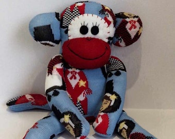 Blue Sock Monkey with Welsh Lady design. Handmade by Sockadoo. Can be personalised