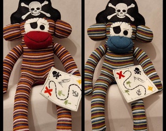 Striped Pirate Sock Monkey. Handmade by Sockadoo. Stuffed Animal Toy. Cuddly Toy, Baby, Birthday, Gift, Present,