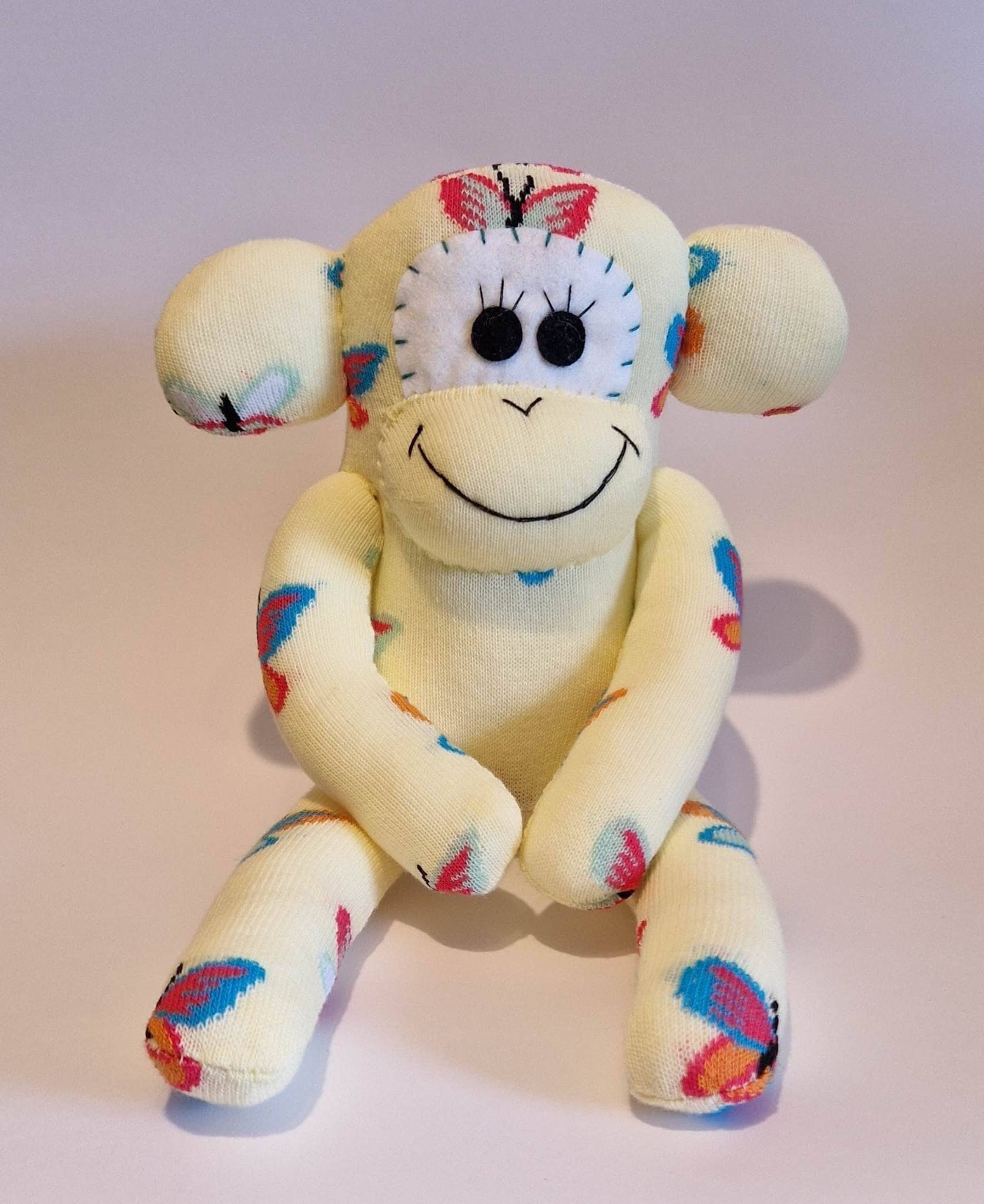 Yellow/lemon Sock Monkey With a Butterfly Theme, Stuffed Animal