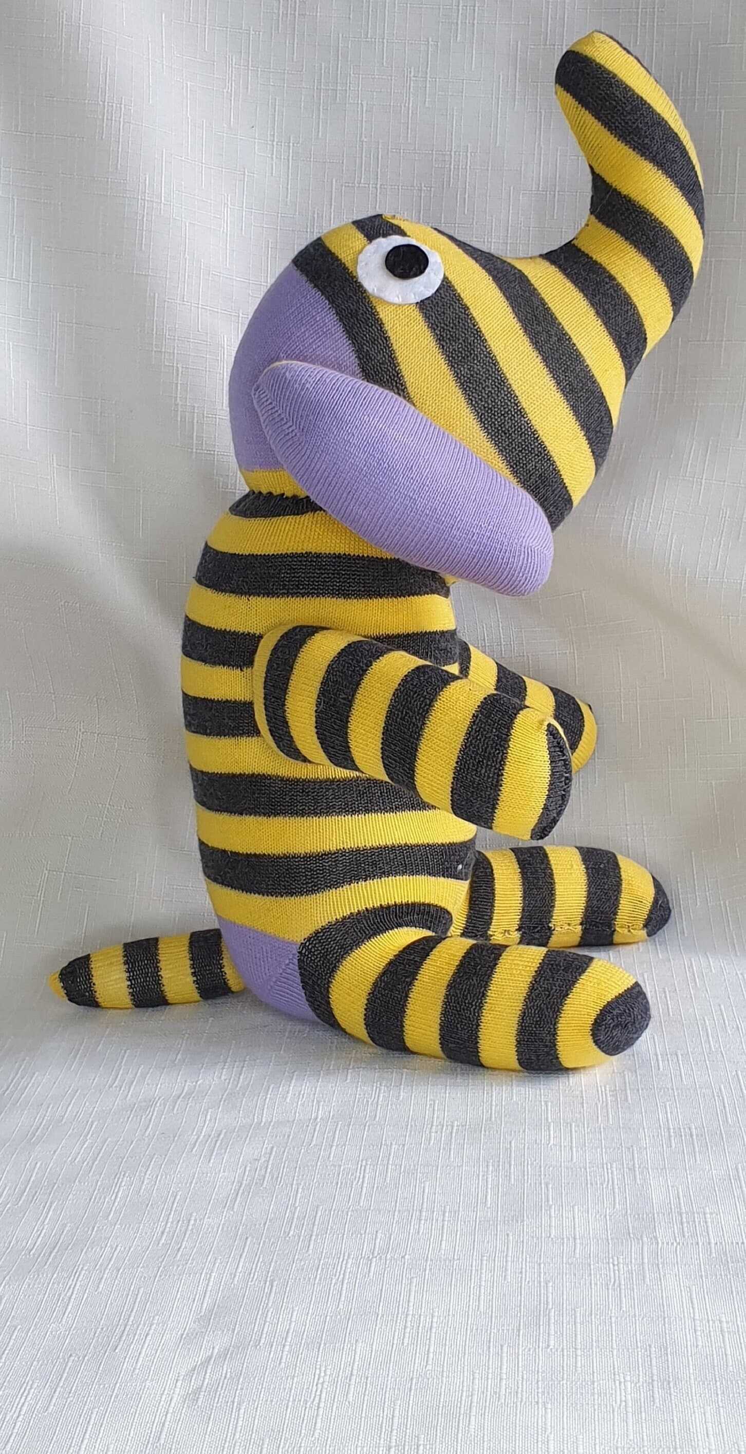 Yellow and Grey Striped Sock Elephant Soft Sock Toy, Cuddly Toy, Gift,  New Handmade by