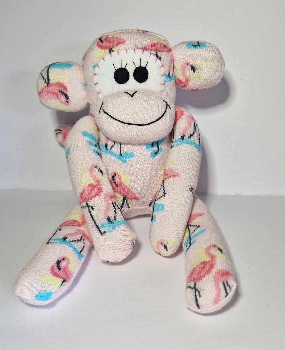 Pink Flamingo Sock Monkey Stuffed Animal, Sock Toy, Handmade