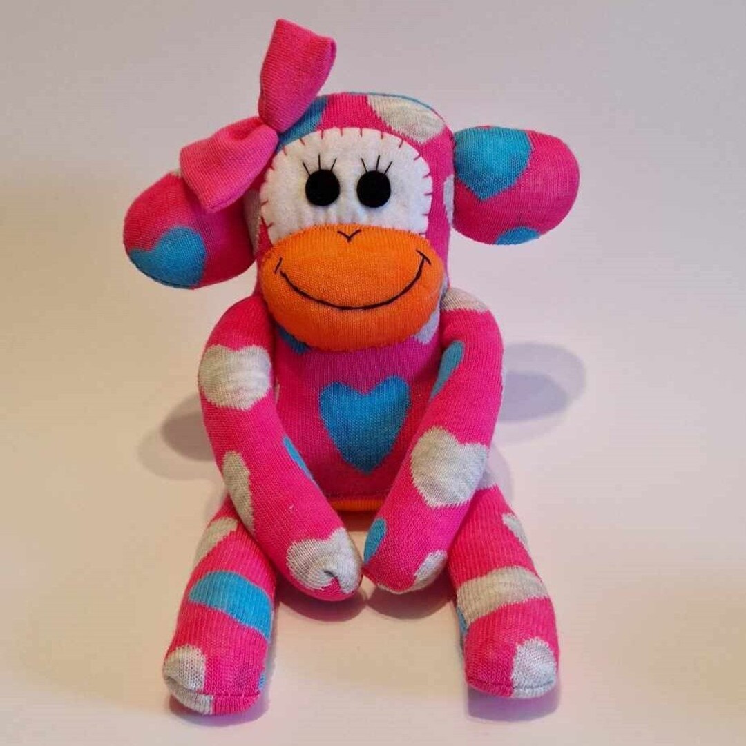 Bright Pink Sock Monkey With Heart Theme With Bow Stuffed Etsy UK