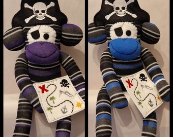 Striped Pirate Sock Monkey. Handmade by Sockadoo. Stuffed Animal Toy. Cuddly Toy, Baby, Birthday, Gift, Present,