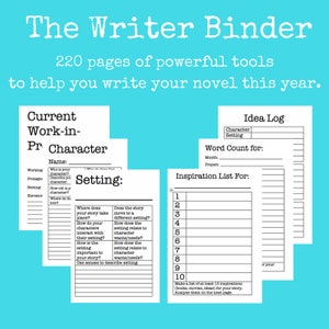 Puede incluir: Hoja de trabajo imprimible en blanco y negro con el título "The Writer Binder" y el texto "220 páginas de herramientas poderosas para ayudarte a escribir tu novela este año." La hoja de trabajo está dividida en secciones para "Current Work-in-Pr Character", "Setting", "Idea Log", "Word Count for" y "Inspiration List For".