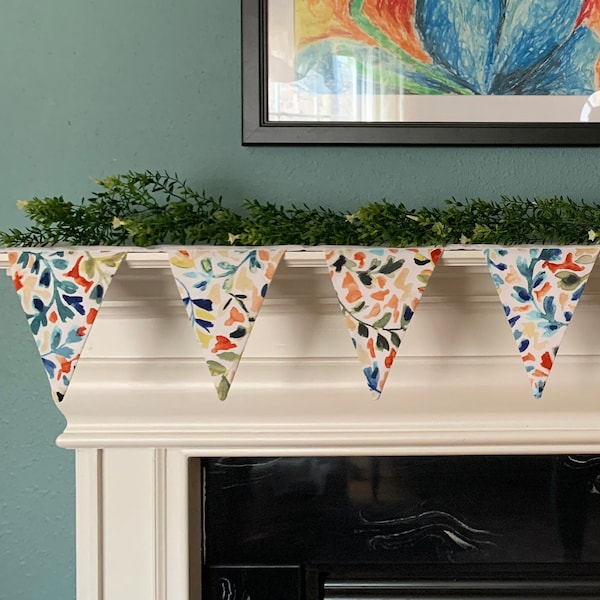 Watercolor Floral Mantel Scarf, Fireplace Decoration, Mantle Decoration 60 & 72 inch