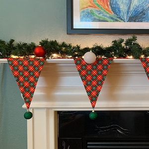 Plaid Christmas Fireplace Decoration, Christmas Mantel Scarf, Green and Red Plaid, 60 inch