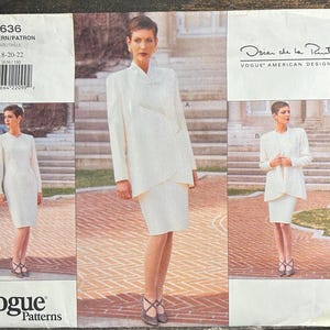 May include: Vogue Patterns sewing pattern featuring a white skirt suit designed by Oscar de la Renta. The pattern includes a jacket and skirt, with multiple views. The pattern size is 18-20-22.