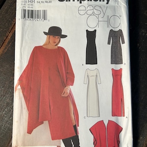 May include: Simplicity sewing pattern 9324 for sizes 14, 16, 18, 20. The package features a red poncho-style garment and illustrations of five dress and top variations, including sleeveless, three-quarter sleeve, and side-slit designs.