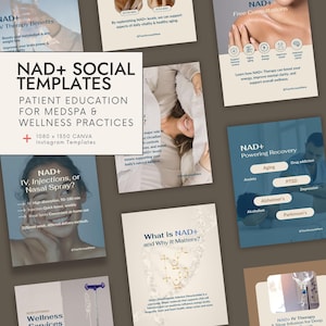 Puede incluir: Una colección de plantillas de redes sociales para la terapia NAD+, con imágenes de personas que reciben terapia intravenosa, texto sobre los beneficios de la terapia NAD+ y un esquema de color azul y blanco. El texto en las plantillas incluye "NAD+ Social Templates", "Patient Education for Medspa & Wellness Practices", "NAD+ IV Therapy Benefits", "NAD+ Injections, or Nasal Spray?", "What is NAD+ and Why It Matters?", "NAD+ Powering Recovery" y "Free Consultations".