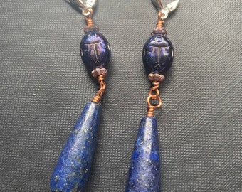 Blue Scarabs - lapis and copper earrings