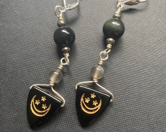 New Moon - obsidian and moonstone earrings