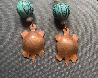 The Turtle of Enormous Girth - earrings with copper and glass beads