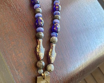 Vintage Q stamp beaded necklace with Labradorite and Czech glass fish