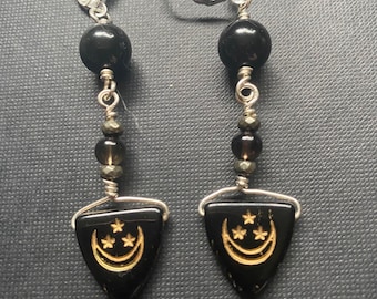 Lunar eclipse - obsidian and smoky quartz earrings