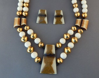 Vintage Necklace & Earrings: Enameled Copper and Lucite Beads, Modernist Copper Jewelry
