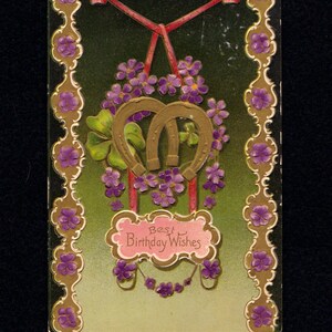 Cartão postal de aniversário antigo Davidson Bros Alemanha, cartão postal alemão com relevo em folha de ouro, violetas-ferradura, trevo, desejos de aniversário, itens efêmeros