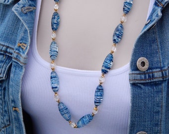 Blue Lucite Necklace, 1970's Chunky Lucite Necklace Oblong Striped Blue Beads, Vintage