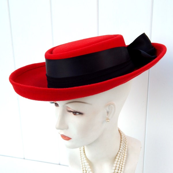 Vintage CAPELLI Hat Wide Brim Wool Felt Red With Black Bow, Red Hat, 1980's Hat Capelli Miami Florida, Red Hat Society