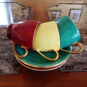 Antique Demitasse Cups & Saucers Zeh Scherzer Bavaria Germany Set of 3 Red Green Yellow Gold Gilded, Antique Cabinet Cups, Bavaria