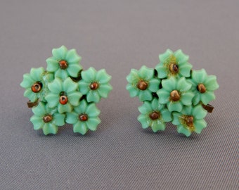 Vintage Mint Green Celluloid Flower Earrings Screw-Backs, Antique Mint Floral Cluster Earrings Non-Pierced, Estate Jewelry