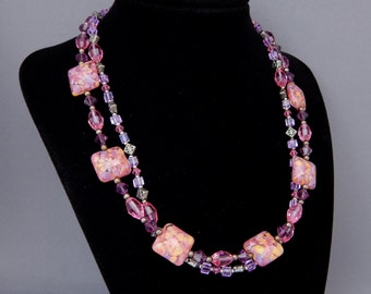 Pink Necklace Art Glass Delicate Crystal Neckless Pink Purple Toggle Clasp, Purple Pink Necklace Austrian Crystals, Two-Strand Necklace