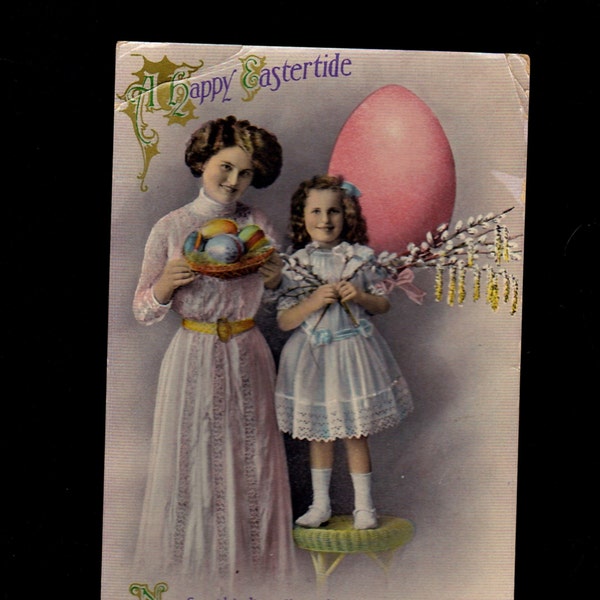 Antique Easter Postcard Wildt & Kray, Antique 1910's Postcard Easter Mother Daughter Easter Eggs, Edwardian Easter Postcard Ephemera