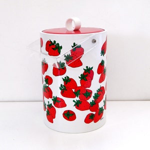 STOTTER Ice Bucket Lucite Handle Strawberries, Mid Century Modern Tall Oversized Ice Bucket Red White Champagne Wine Cooler Picnic