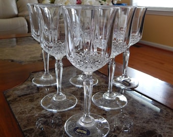 Crystal Wine Glasses Set of 6, Vintage Cut Crystal Stemware, Old American 24% Lead Crystal, Mid Century Crystal Stemware Barware