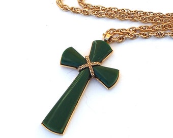 Green Lucite Crucifix Necklace, Green Maltese Cross Pendant on Gold Tone Chain, Religious Necklace