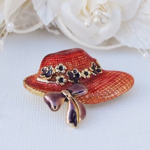 Vintage Enamel Red Hat Pin Brooch, Red Hat Society Pin, Red and Purple Hat Pin, Hat Figural Pin, Estate Jewelry