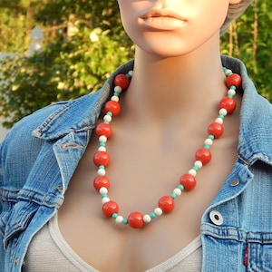 Faux Coral Turquoise Necklace, Chunky Beaded Necklace Coral Red Turquoise Blue, Boho Necklace