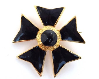ANNE KLEIN Pin, Black Enamel Maltese Cross with Five Arms, French Legion of Honour Style Cross