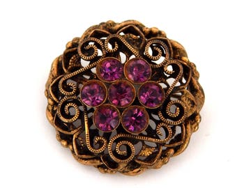 Purple Rhinestone Pin Gold Tone Filigree Round Brooch, Faux Amethyst Rhinestone Gold Tone Collar Brooch Neo Victorian