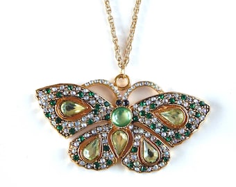 Rhinestone Butterfly Necklace, Green Crystals Big Butterfly Pendant on Gold Tone Chain