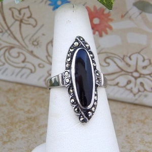 Silver Onyx Ring Size 7,  Sterling Silver Ring with Elongated Black Onyx and Marcasites