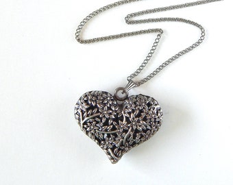 Silver Heart Pendant Necklace, Floral Filigree Big Heart Pendant Chain Necklace, Valentine's Day Gift