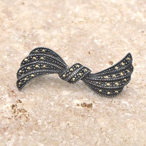 Silver Bow Pin 925 Signed FAS Sterling Silver Marcasite