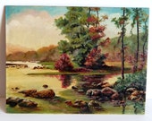 Signed Landscape Oil Painting, Signed Heintz, Mid Century Art Painting Creek River Trees Pink Blooms, Peaceful Spring Summer
