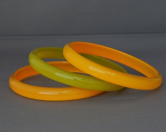 Yellow Green Bangles Set of 3, Green Yellow Plastic Bangles, Thin Bracelets, Stacking Bangle Bracelets