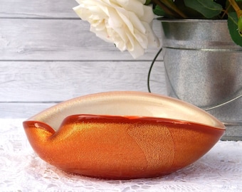MURANO Orange Bowl, Italian Hand-Blown Art Glass Murano Bowl White Orange with Gold Specks, Vintage Mid Century Modern