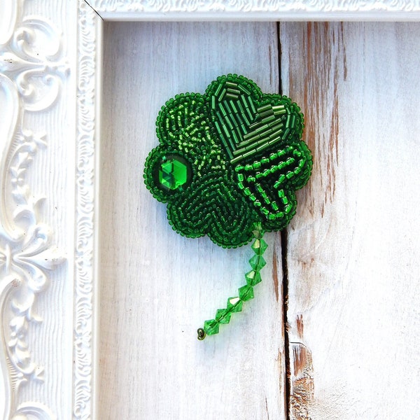 Embroidered Shamrock Brooch Four Leaf Clover Seed Bead Embroidery, Handmade Unique OOAK Brooch, Irish Green Clover