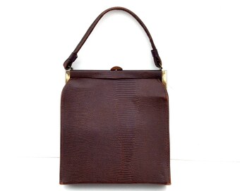 Vintage Handbag Reptile Print, Brown Handbag Faux Lizard, Classic Frame Bag Purse Mid Century Fashion